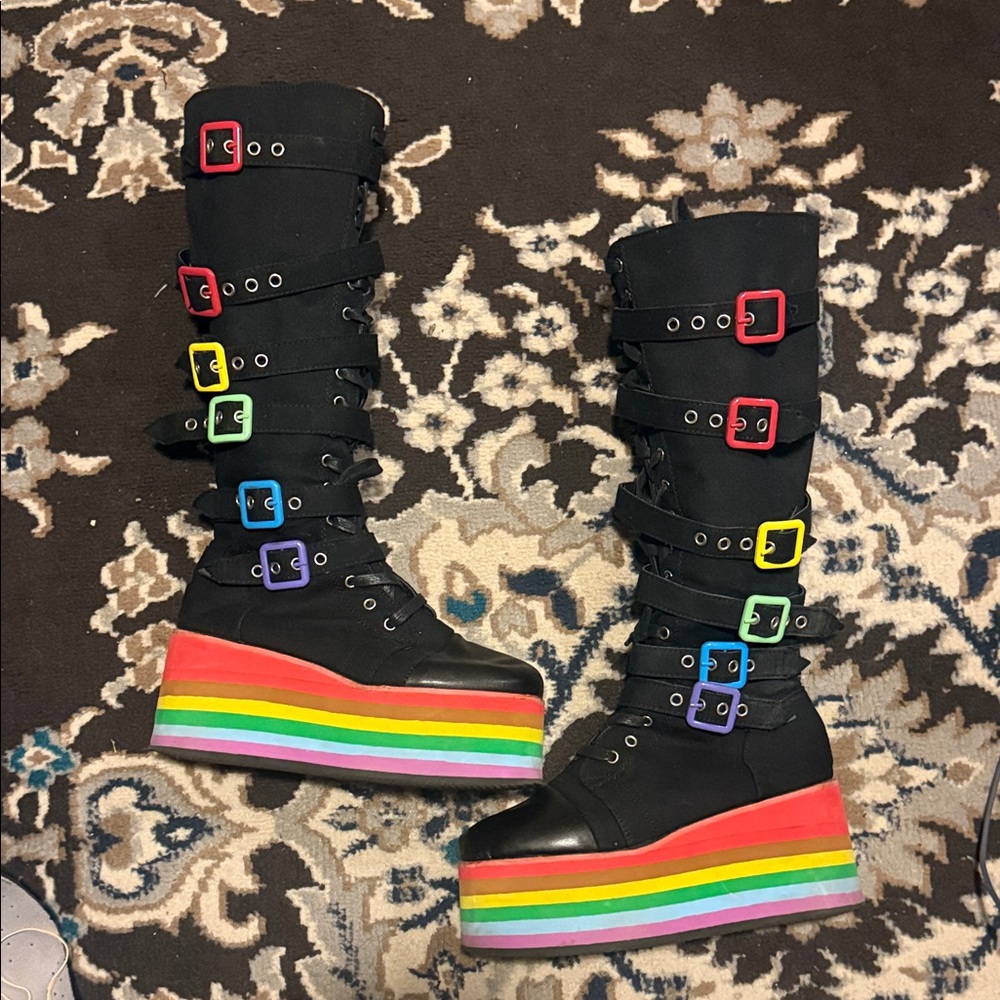 Colorful Rainbow Buckles/Sole Black Canvas Knee-High Platform Boots